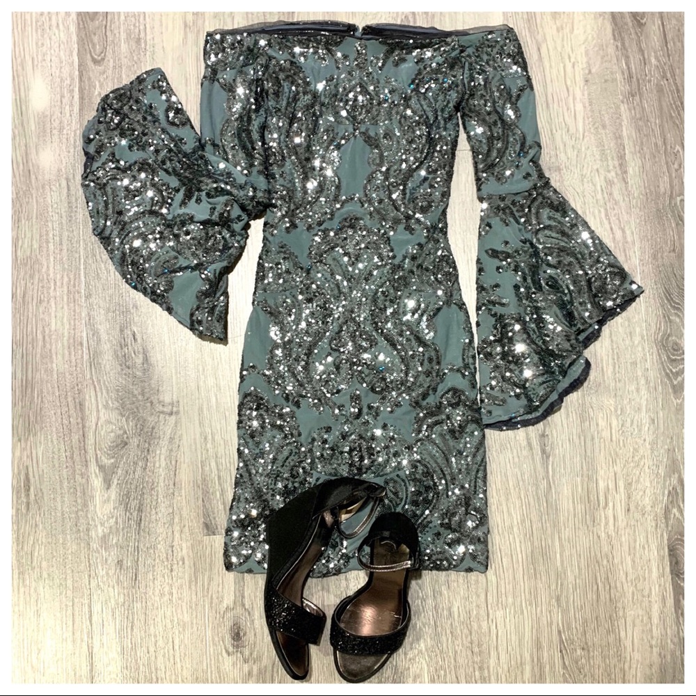 Aqua Sequined Off Shoulder Dress in Sage